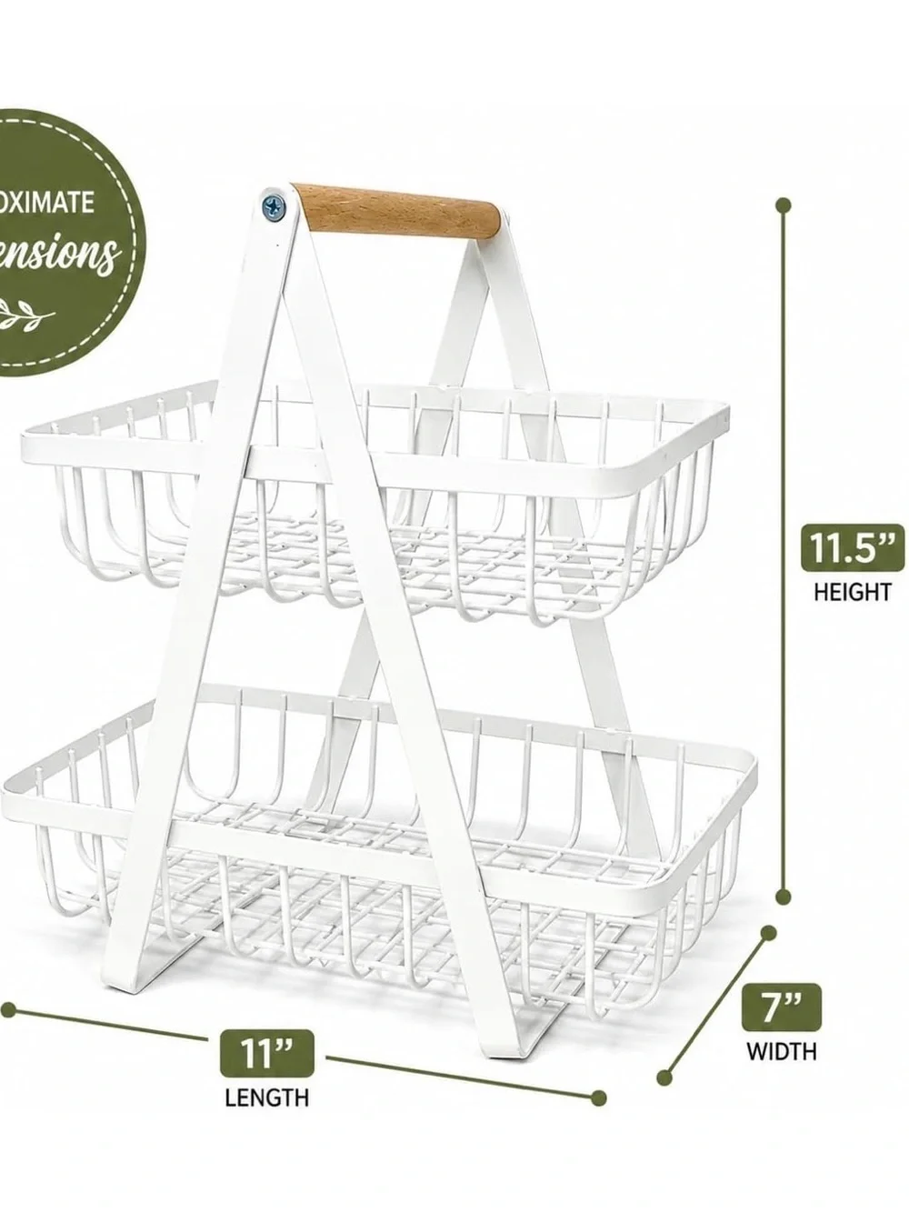 Two-Tier White Wire Storage Caddy with Wood Handle